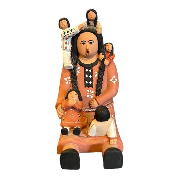 Story Teller Pueblo folk art clay figurine w 5 children 6" tall unsigned, tag‎ - Picture 1 of 10